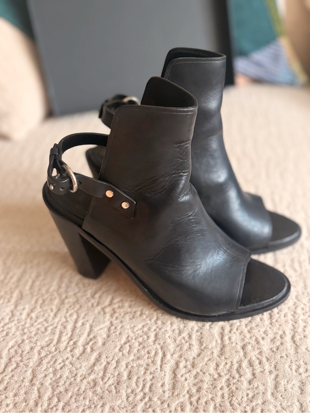 rag & bone Black Leather Peep-Toe Slingback Block Heels